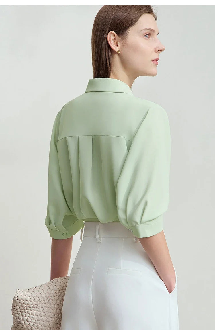 Office Lady Summer Blouses Women 2025 Solid V-neck Five-quarter Sleeve Loose Chiffon Shirts Female Fashion Casual 12522076