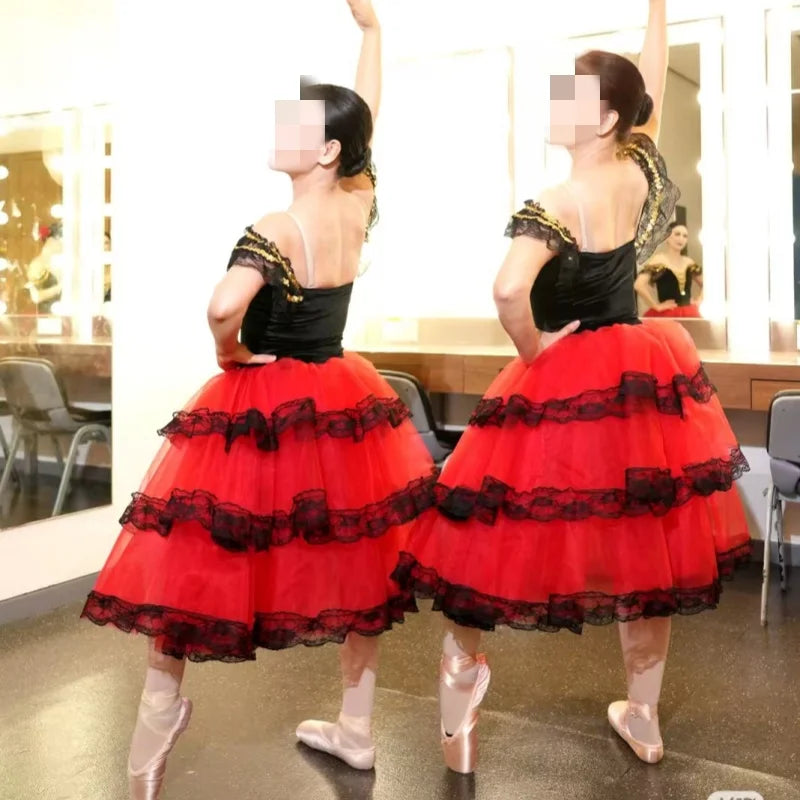 Professional Ballet Romantic Tutu Long Skirt Black Red Spain Dress Girls Adult Children's Performance Ballet Clothes For Women