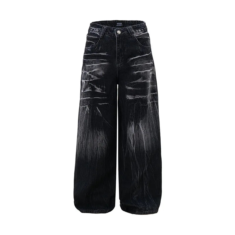 Autumn Winter Korean Vintage Jeans Lightning Pattern Design Men'S Loose Straight Leg Pants Casual Fashion Black Pants