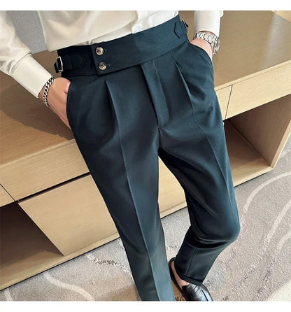 Pure Color Male Business Wedding Dress Pants Fashion Unique Design Men Waist Adjustable Suit Pant No Belt Slim Trousers Homme