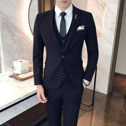 Blue Men Classic Striped/Checked Suits, Asian Size Slim Fit Business Office 3-Piece Sets, Black/Gray and Red Available.