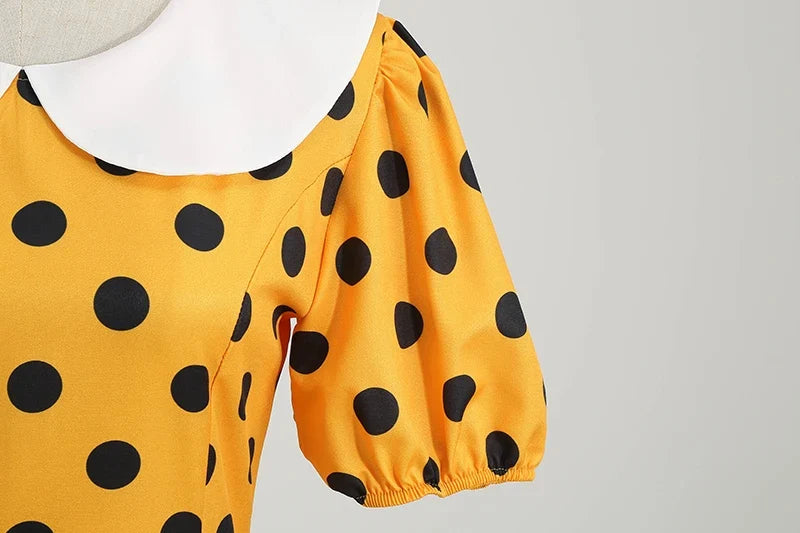 Elegant Women Summer Dress Puff Short Sleeve Polka Dot Peter pan Collar Vintage A-line Midi Long Party Sundress