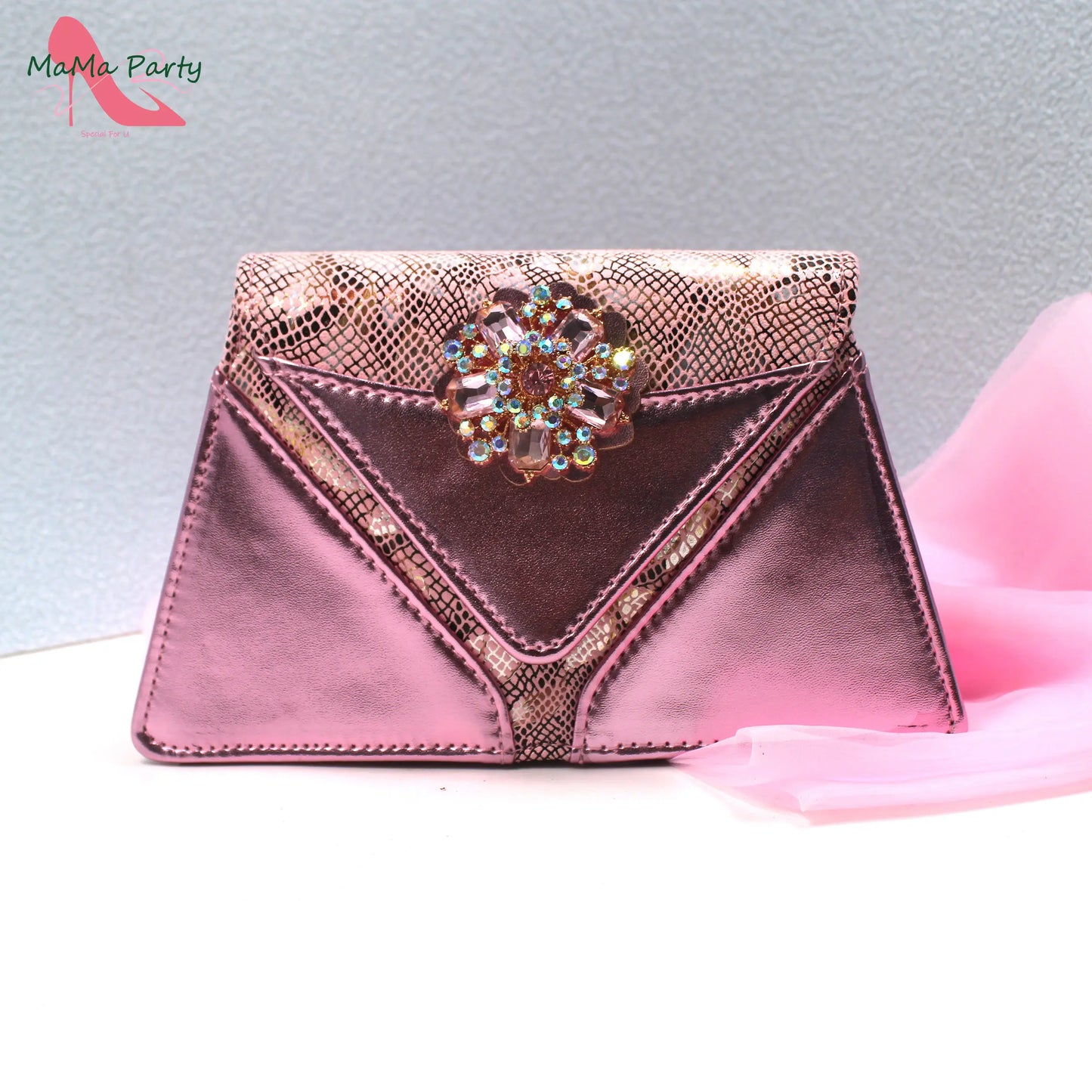Special Design New Coming INS Hot Sale African Women Shoes and Bag Set in Pink Color with Shinning Crystal for Party