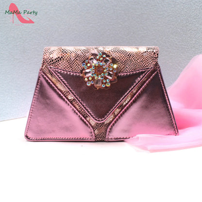 Special Design New Coming INS Hot Sale African Women Shoes and Bag Set in Pink Color with Shinning Crystal for Party