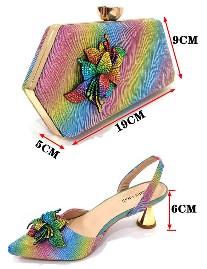 FASHION SHOE Sandals Women 2022 High Heels sexy Green Color Rhinestone Flowers Party Pumps Wedding Shoe and Matching Bag Set