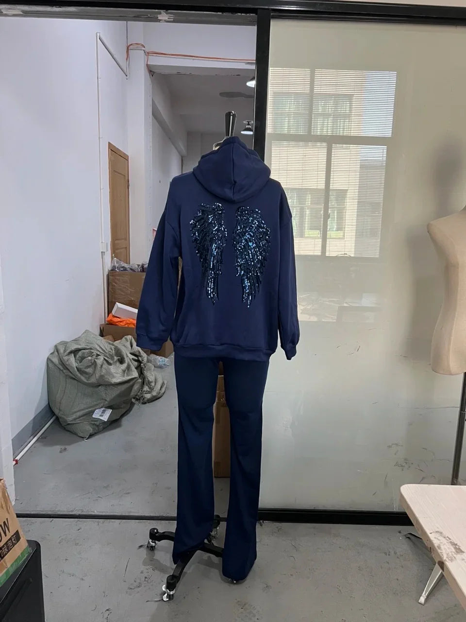 Female Sequined Wing Print Pattern Hoodie Autumn Fashion Classical Hooded Sweatshirt 2025 Loose Elegant Versatile Warm Pullover