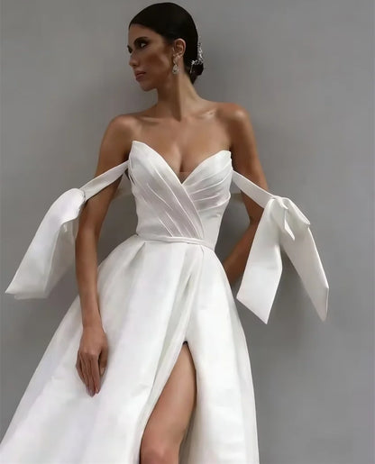 Customized Elegant Simple Satin Sweetheart Wedding Dresses Women Bow Pleated High Slit Bridal Gowns Button A-line Bride Dress
