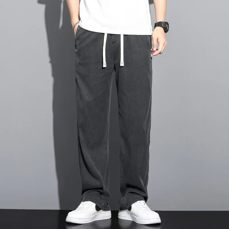 Summer Soft Lyocell Fabric Thin Loose Straight Pants Drawstring Elastic Waist Korea Casual Trousers Men's Jeans Plus Size M-5XL