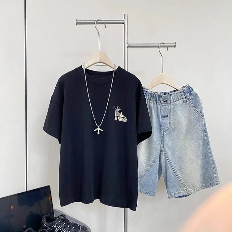 Black Graffiti Letters Pure Cotton Short Sleeve T-Shirt for Tween Boys Loose Fit Summer Youthful Wear Kids Outerwear Clothing