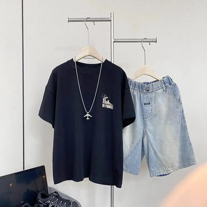 Black Graffiti Letters Pure Cotton Short Sleeve T-Shirt for Tween Boys Loose Fit Summer Youthful Wear Kids Outerwear Clothing