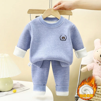 New Children's Warm Underwear Set Boys and Girls Winter Cartoon Plus Velvet Thick Round Neck Sleepwear 2PCS Set