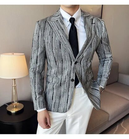 Fashion Meteor Line Checkered Elegant Suit Jacket Men Fashion De Luxe Business Slim Fit Single Breasted Social Party Dress Coats