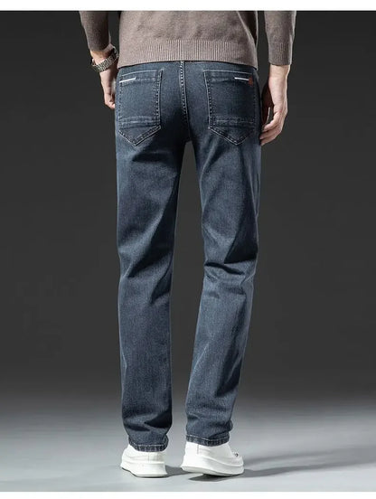 Winter Warm Men's Jeans Fleece Thickened Elastic Smoke Gray Black Business Straight Casual Denim Pants Brand Man PlushClothes