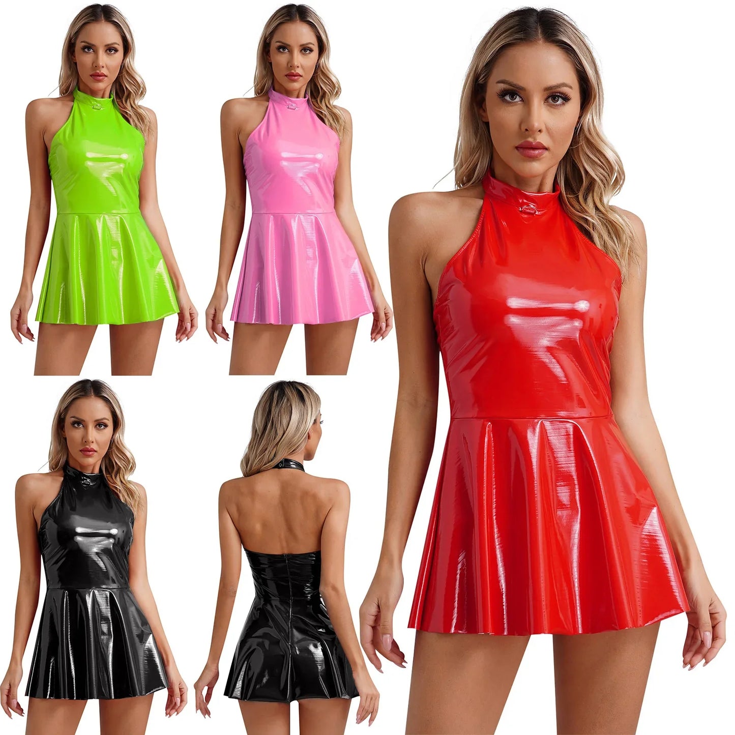 Womens Glossy Patent Leather Glossy Mini Skater Dress Halter Backless Bodycon Lingerie A-Line Dresses Rave Disco Party Clubwear