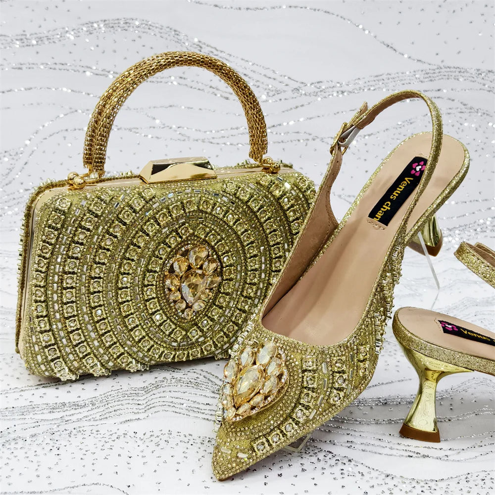 Popular Pointed Women Shoes Heels and Bags Rhinestone Chain Ladies Wedding Party Elegant and Luxurious Fashion