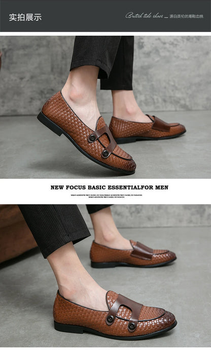 British Style Weave Pattern Microfiber Leather Monk Shoes Mens Buckle Party Wedding Loafers Moccasins Men Driving Flats