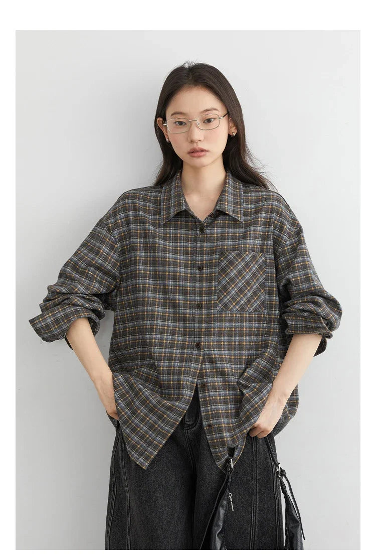 New Women Shirt Loose Casual Long Sleeved Vintage Thick Sanding Female Plaid Blouses Single-breasted Autumn Winter 2026