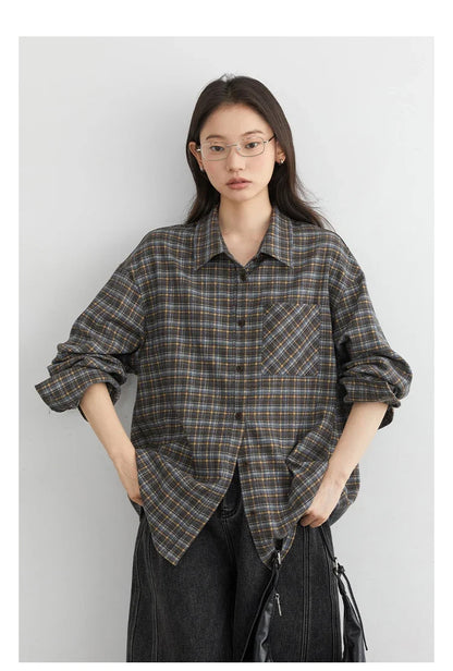 New Women Shirt Loose Casual Long Sleeved Vintage Thick Sanding Female Plaid Blouses Single-breasted Autumn Winter 2026