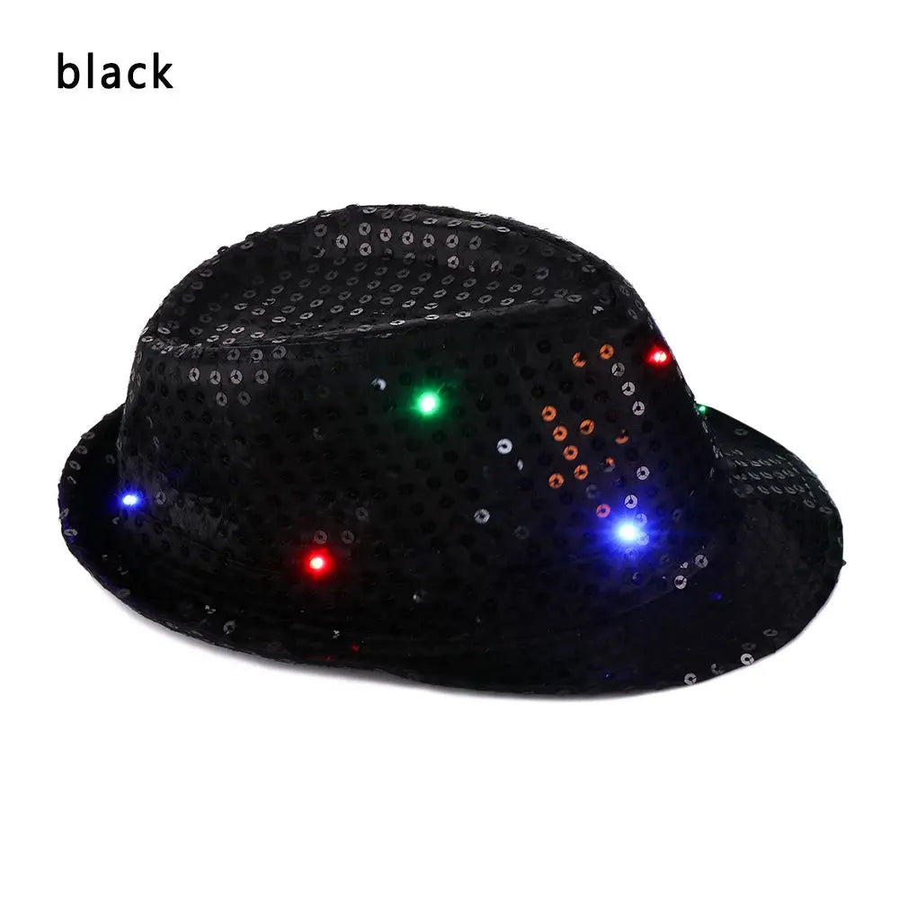 Unisex Light Up Flashing Led Fedora Trilby Jazz Hat Panama Cap Sequin