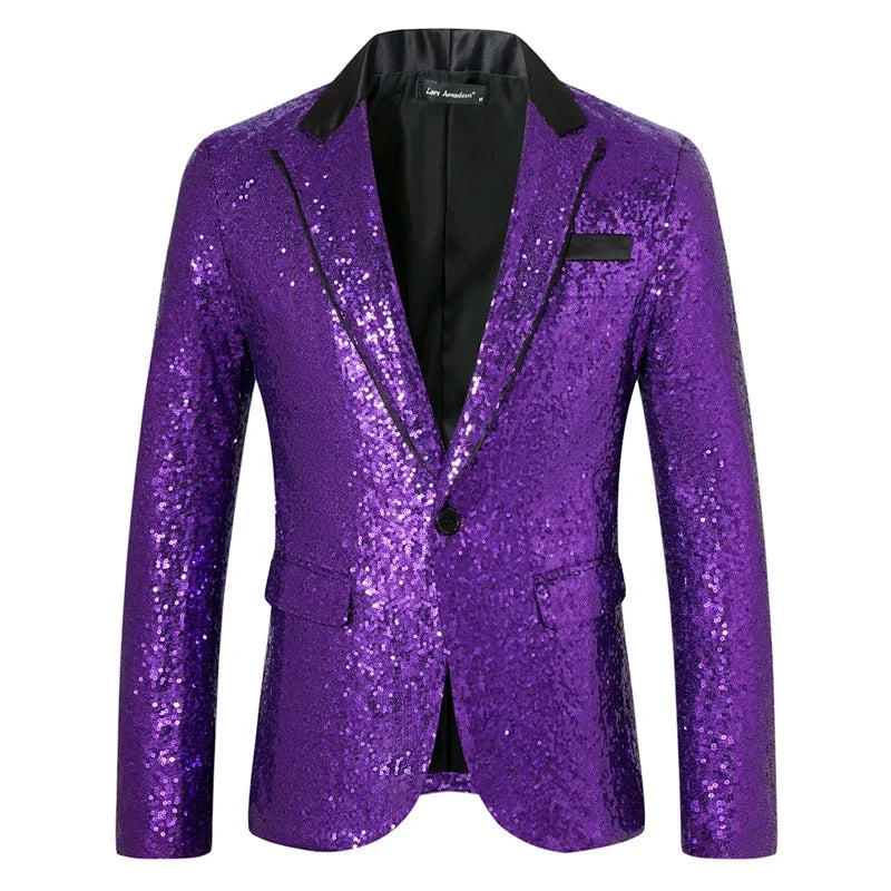 New Men Luxury Sequin Suit One Button Jacket Red / Black Fashion Singer Host Wedding Prom Party Stage Performance Dress Blazer