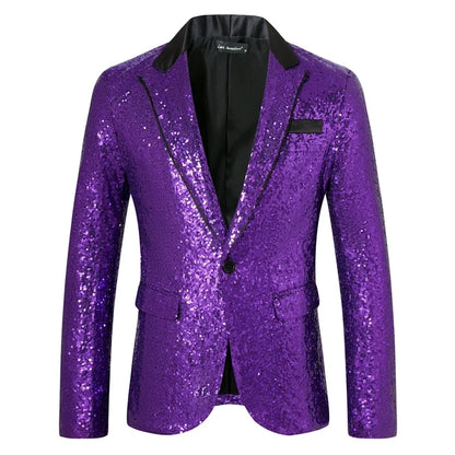 New Men Luxury Sequin Suit One Button Jacket Red / Black Fashion Singer Host Wedding Prom Party Stage Performance Dress Blazer
