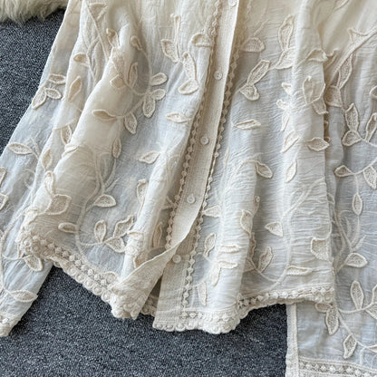 2025 Spring Gentle Women Blouse Leaves Embroidery Single Breasted Long Sleeves Summer Thin Streetwear Casual Shirt