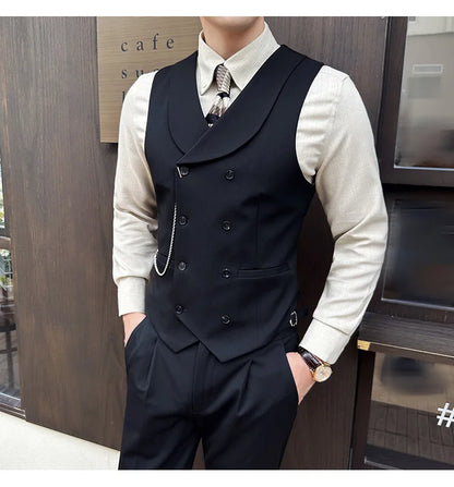 ( Vest + Pants) Men Luxury Double Breasted Design Suit Vest 2 pieces Formal Groom Wedding Dress Vest Set Fashion Club Clothing
