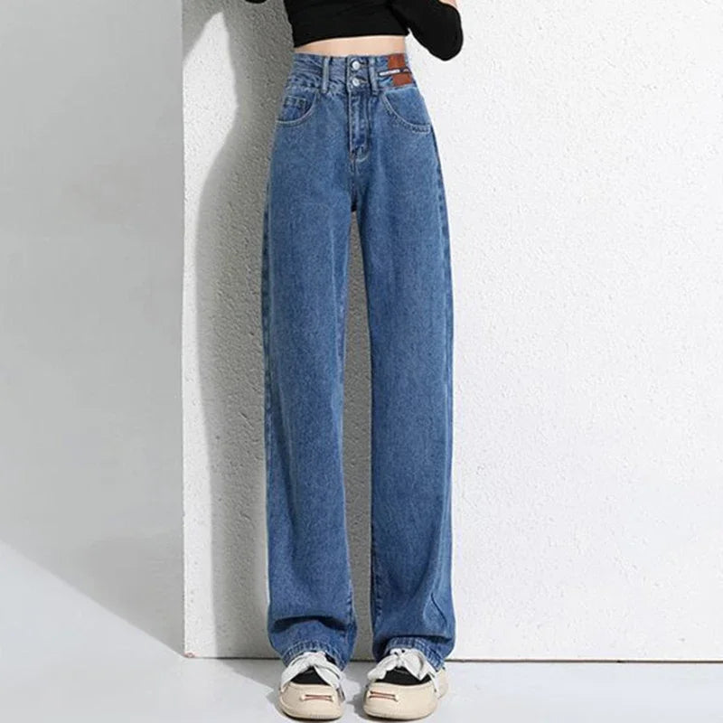 New Woman Korean Double Buckle Design Jeans Female Winter Snow Warm Thermal Plush Pants Girls Popular High Waist Denim Trousers