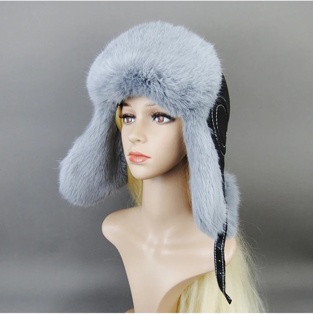 Hot Sale Winter Women's 100% Real Rabbit Fur Bomber Hat Ushanka Cap Trapper Russian Woman Ski Hats Caps Real Sheepskin Leather