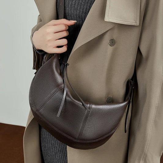 2025 New Top Grain Leather Croissant Dumpling Bag Unique Solid Color Shoulder Crossbody Bag Women Practical Commuting Handbag