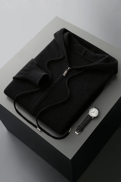 2025 New Men Knitted Plane Hooded Cardigan Cashmere Sweater Zipper Design Pocket Decoration High quality Thick Warmth Hoodie