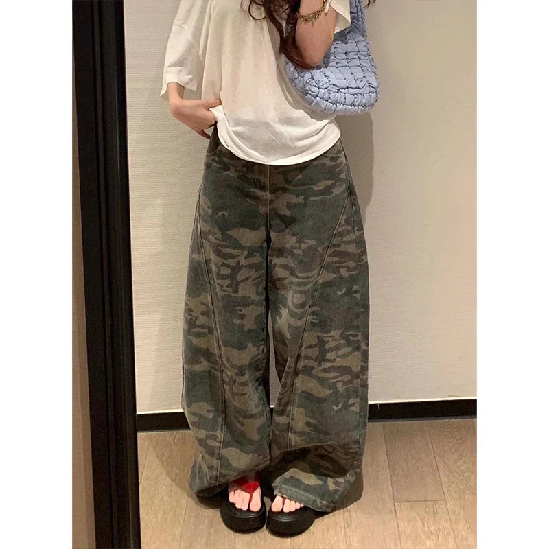 Womens Military Green Jeans High Waist Vintage Straight Baggy Hip Hop American Fashion Wide Leg Denim Trouser Y2K Denim Pants