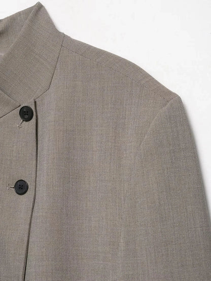 Vintage Office Lady Gray Solid Blazer Stand Collar Long Sleeve Loose Blazer Fashion 2026 Spring Summer Casual Blazer