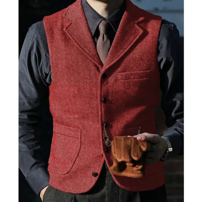 Men Vest Brown Herringbone With Lapel Single Breasted Waistcoat For Wedding Party Business Prom Work Daily Casual Men Suit Vest