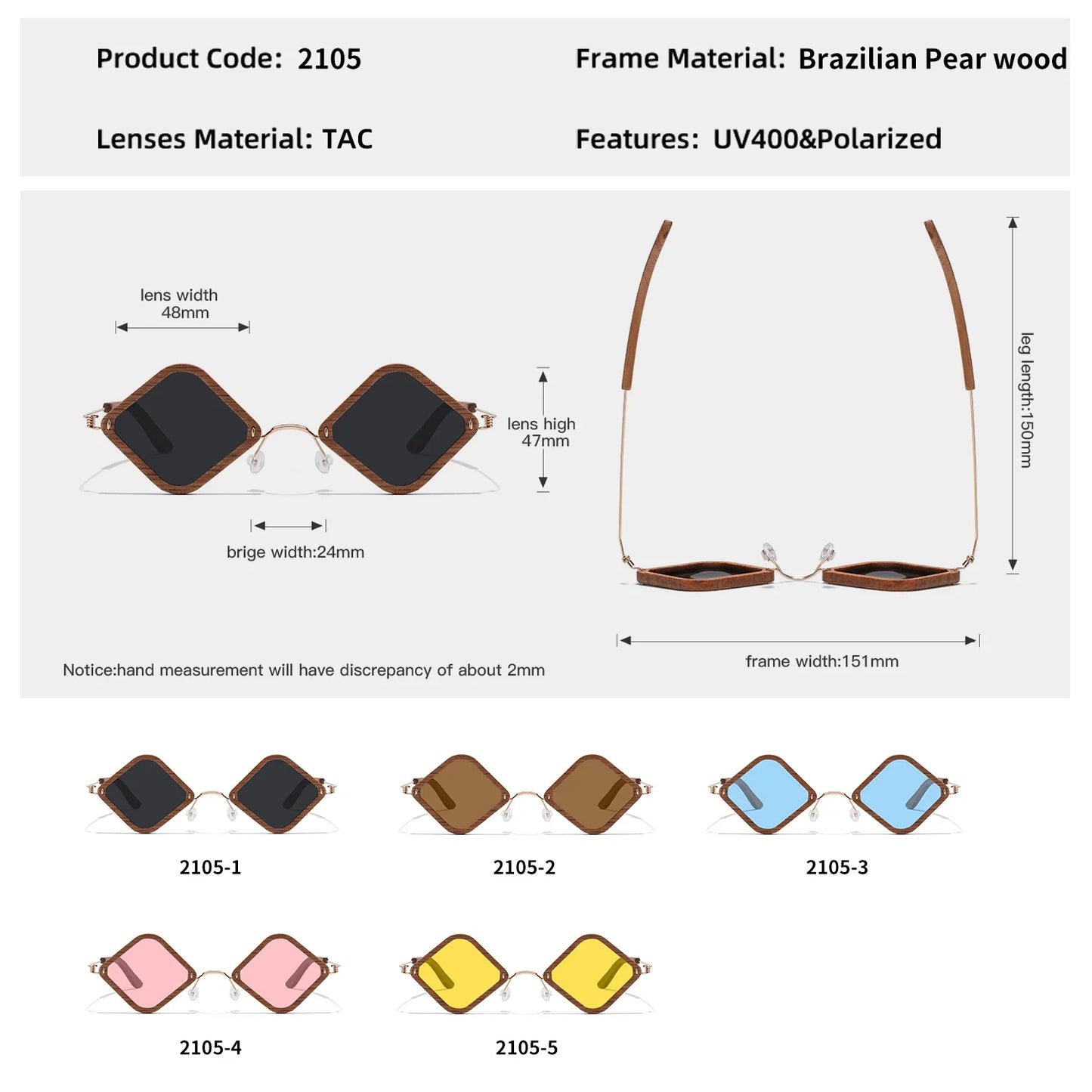 Wooden Aduit Sunglasses Brazilian rosewood Handmade Polarized Glasses Mirror Coating Lenses Eyewear With Gift Box 2105