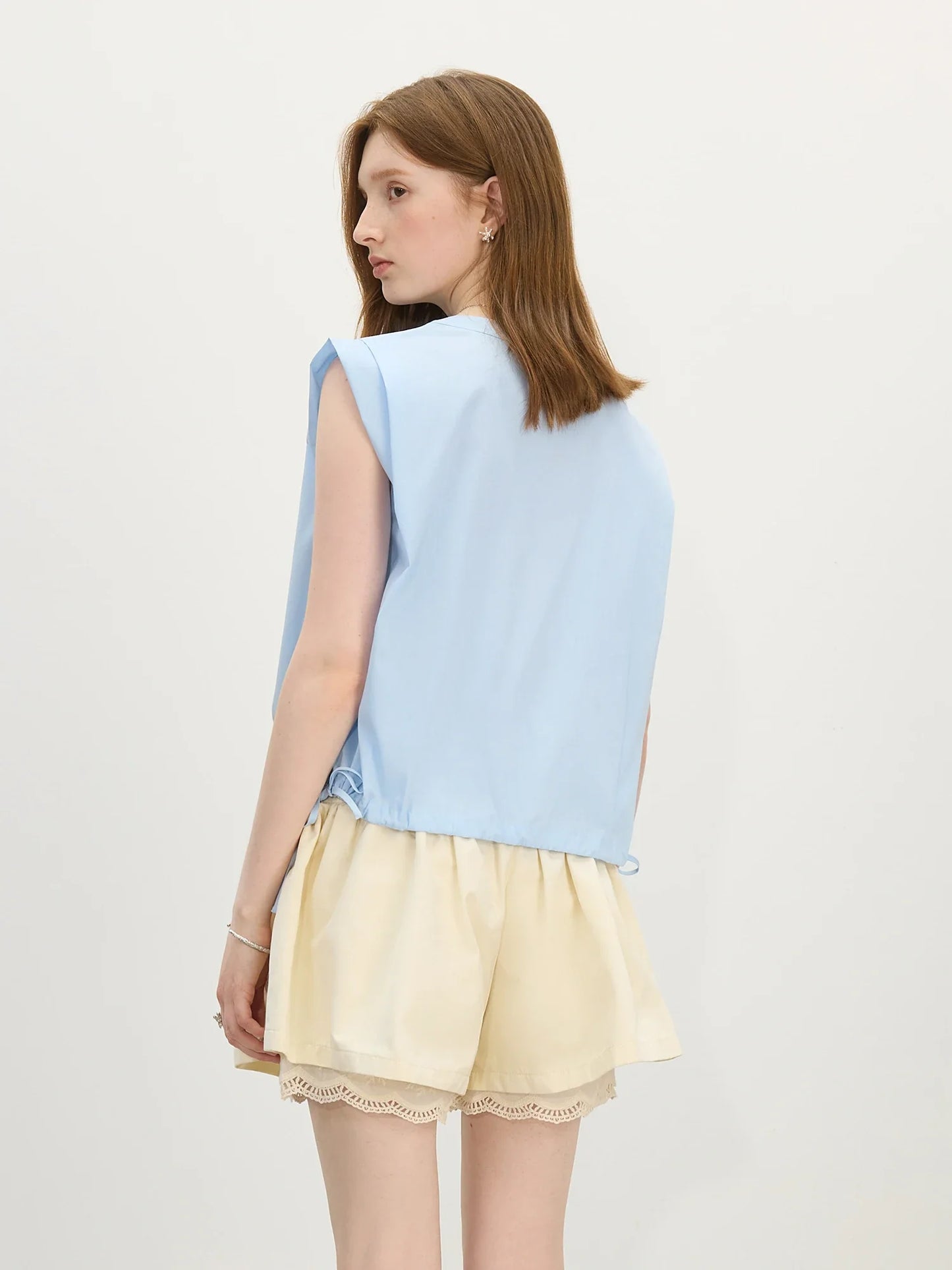 Straight Shoulder V-Neck Sleeveless Blouse - 2025 Summer New Style with Drawstring Tie Women Shirts 25FS12645