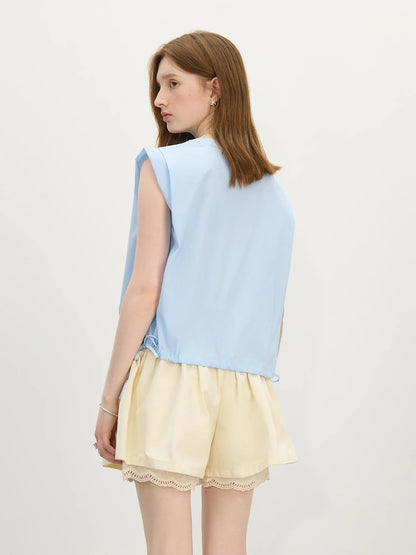 Straight Shoulder V-Neck Sleeveless Blouse - 2025 Summer New Style with Drawstring Tie Women Shirts 25FS12645