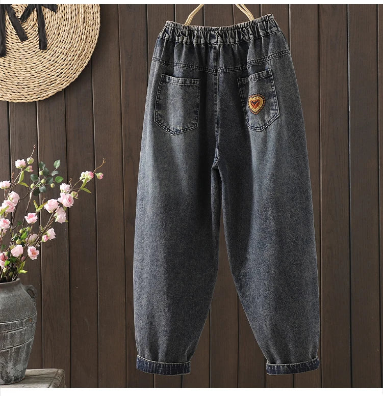 Fashion Y2K Women's Jeans plus Size Elastic Waist patch embroidery print Harem Pants Autumn Vintage Loose Ripped Denim Pants