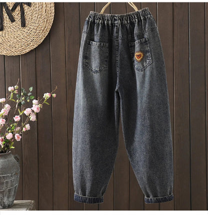 Fashion Y2K Women's Jeans plus Size Elastic Waist patch embroidery print Harem Pants Autumn Vintage Loose Ripped Denim Pants