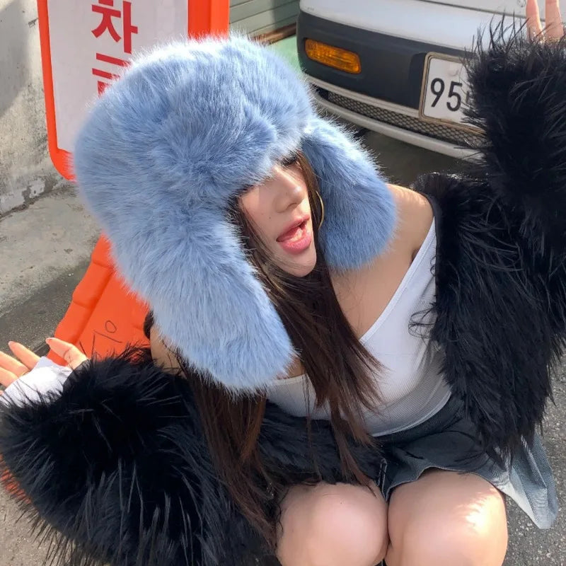 Korean Ins Imitation Mink Plush Hat Winter Women Ear Protection Bomber Hats Fashion Warm Fluffy Faux Fur Ski Beanies Y2k Gift