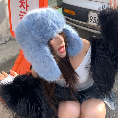 Korean Ins Imitation Mink Plush Hat Winter Women Ear Protection Bomber Hats Fashion Warm Fluffy Faux Fur Ski Beanies Y2k Gift