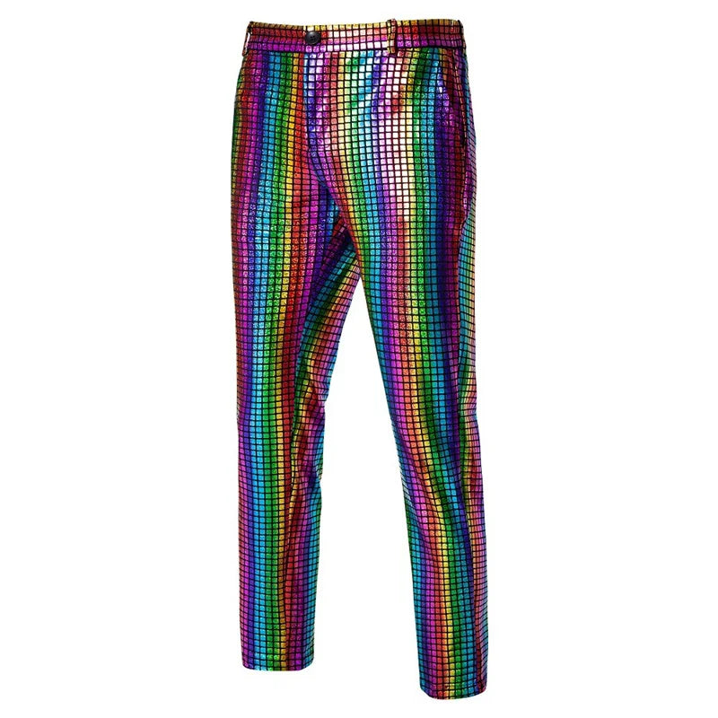 New Men Luxurious Sequined Checkered Suit Pants Fashion Male Dance Party Bar KTV Casual Dress Small Stretch Trousers