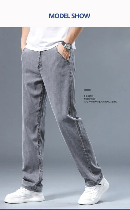 Summer Thin Men's Loose Straight Jeans Lyocell Soft Drape Business Casual Trousers Classic Smoke Gray Brand Ice Silk Pants