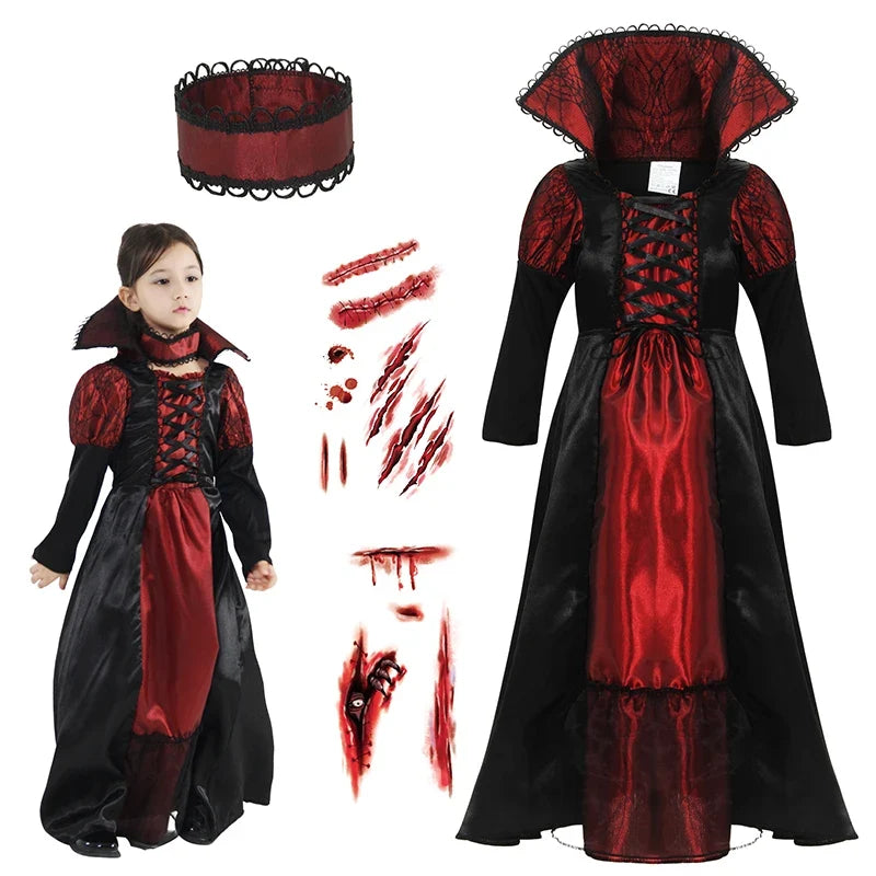Girls Halloween Vampire Costume Adult Vampiress False Teeth Stickers Role Play Carnival Party Cosplay Outfits for Women