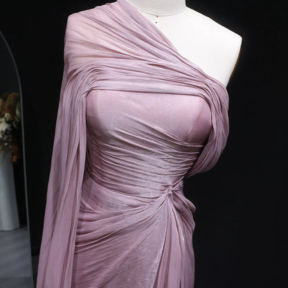 2026 Women's Elegant Evening Dresses with Draped Cape Formal Birthday Gown Pink One Shoulder Arabic SF199 Customized