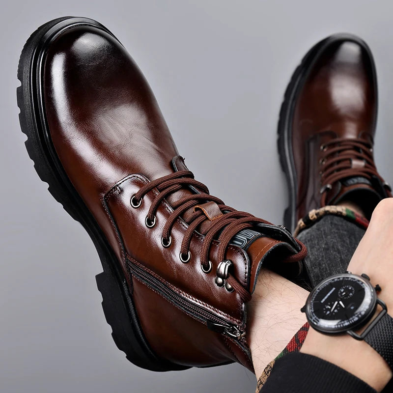 British Style Mens Winter Platform Snow Boots Fashion Genuine Leather Outdoor Antiskid Walking Ankle Boots Mens High Top Boots