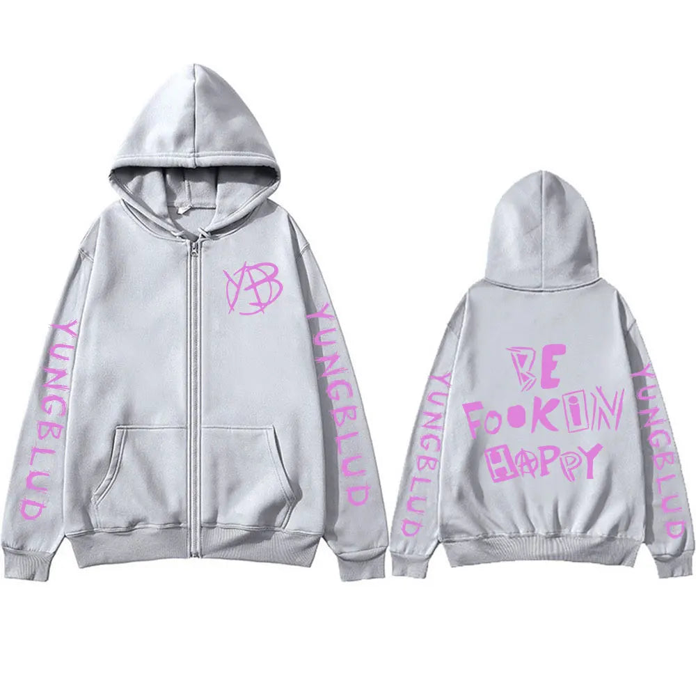 Rock Singer Yungblud Be Fookin Happy Zipper Hoodies Men Women Fashion Vintage Oversized Zip Up Sweatshirt Jacket Coat Streetwear