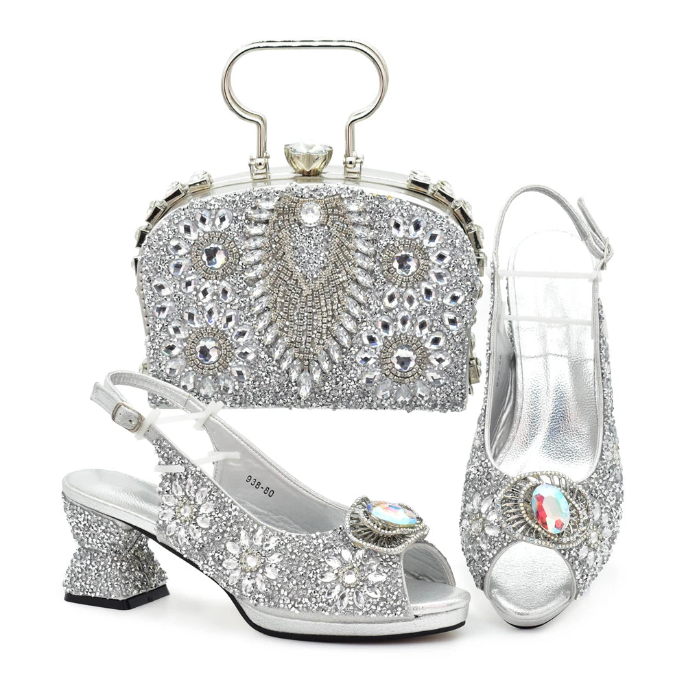 Italian Shoes and Bags Matching Set Decorated with Rhinestone Shoe and Matching Bag for Nigeria Party Wedges Shoes for Women