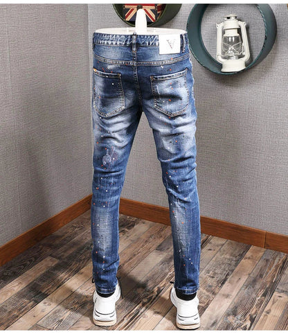 Fashion Streetwear Men Jeans Retro Black Blue Elastic Slim Fit Ripped Jeans Men Spliced Designer Embroidery Hip Hop Denim Pants