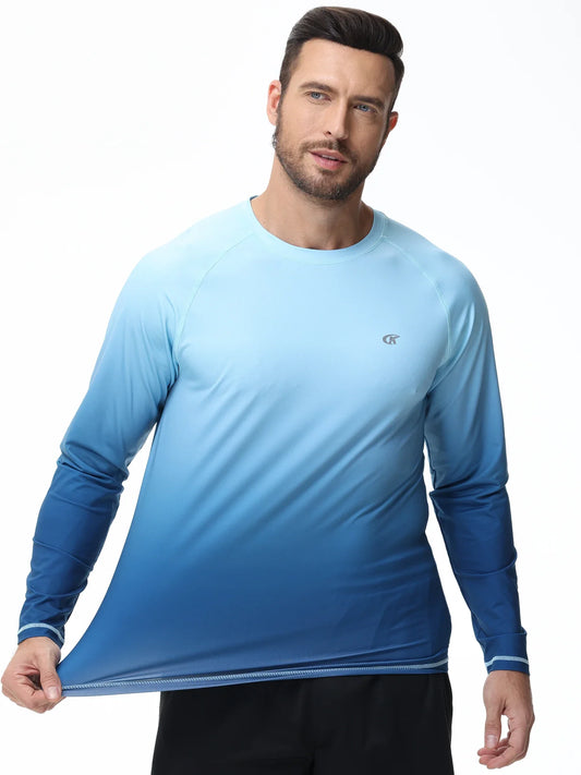 Summer Men's UPF 50+ Beach Swimming T-Shirt, Quick Dry Long Sleeve Fashion Gradient Rash Guard Tops for Sport Fishing Hiking
